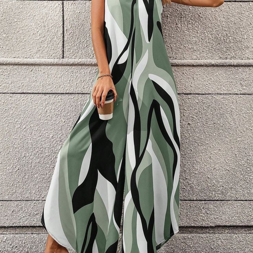 SHEIN Green and Black Patterned Jumpsuit